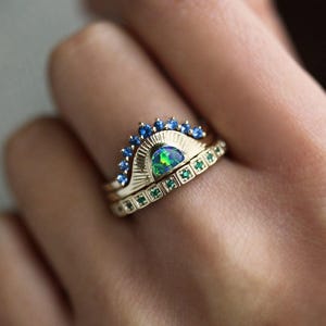 Black opal ring set, Opal sunset ring set, Unique engagement ring set with half moon black opal emeralds and sapphires