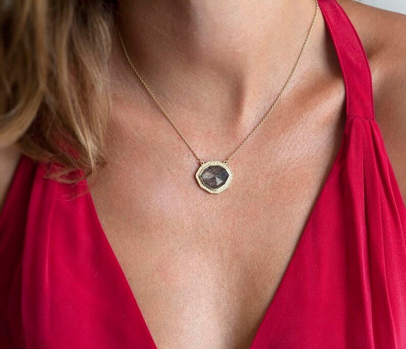 Halo Diamond Necklace, OOAK Gemstone Necklace, Black Rutilated Quartz Necklace, Unique Anniversary Necklace image 3