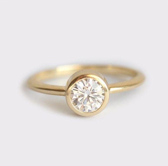 Round Diamond Ring, Round Cut Diamond Ring in Bezel Setting, Simple Round Diamond Engagement Ring