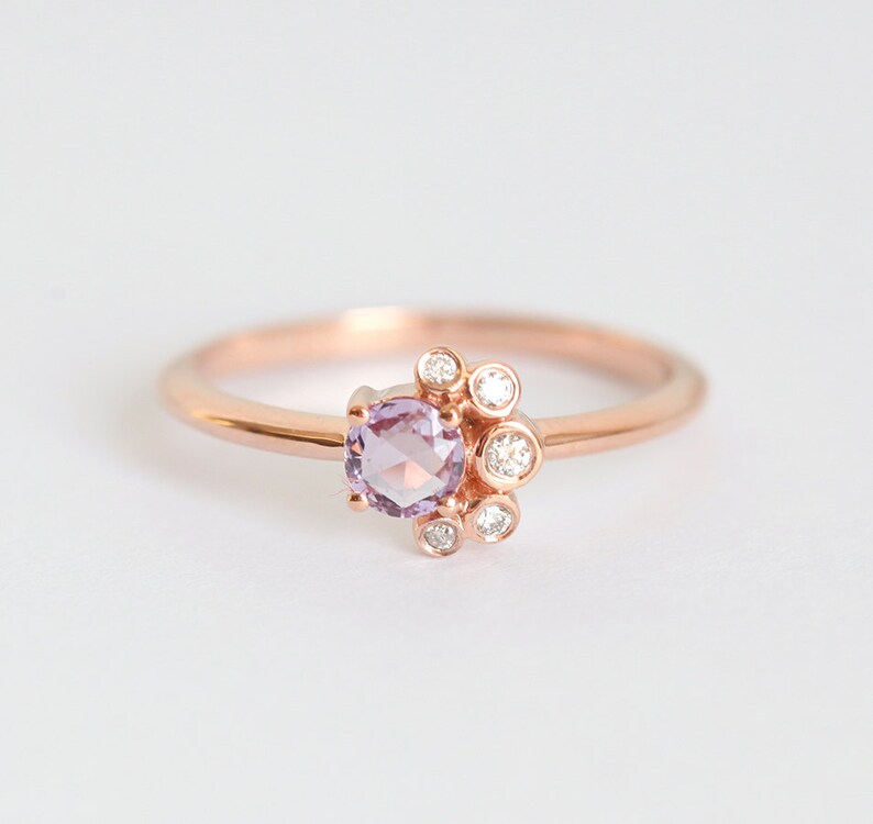 Round Pink Sapphire & Diamond Cluster Ring, Rose Cut Purple Sapphire Ring in 14k Solid Gold image 3