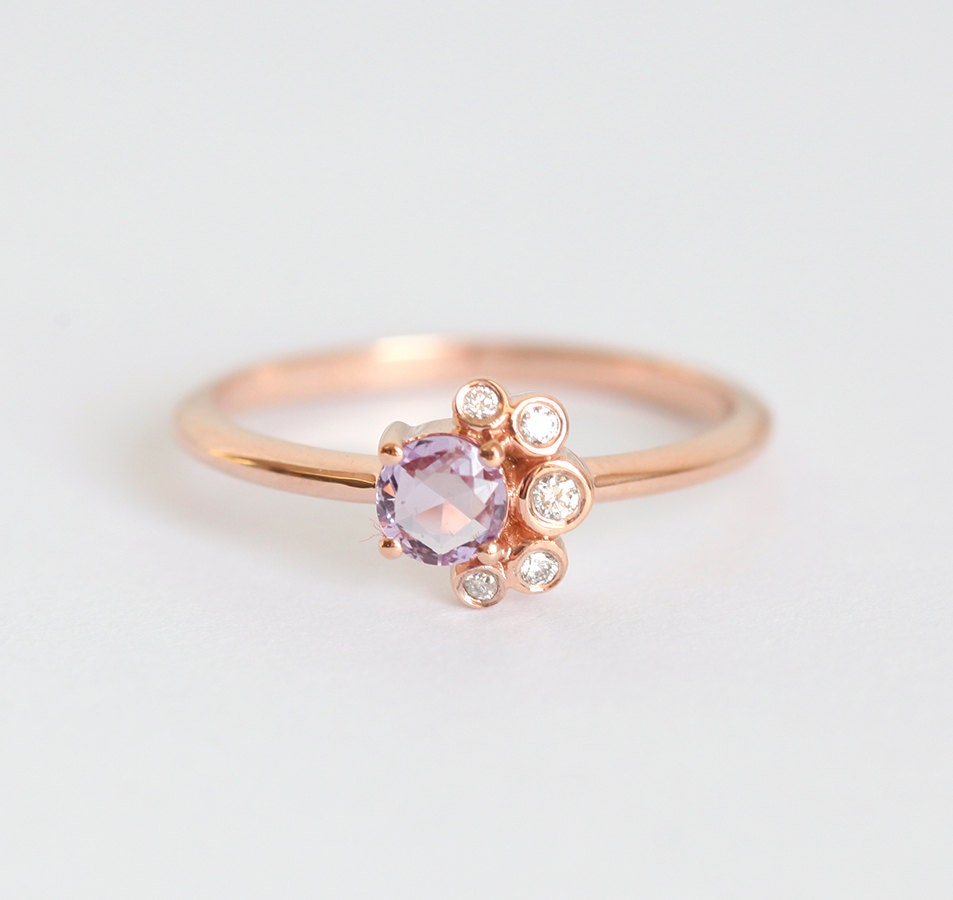 Round Pink Sapphire & Diamond Cluster Ring Rose Cut Purple | Etsy