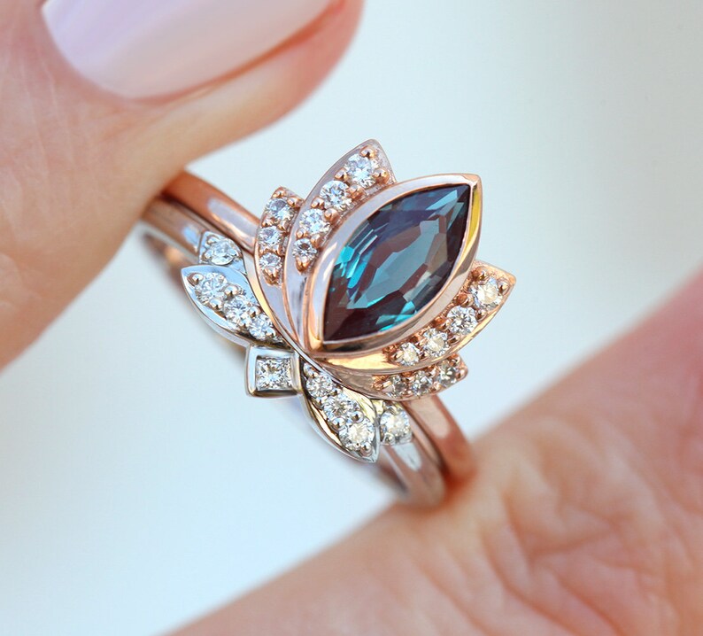 Zen Ring Set Lotus Engagement Ring Set Lotus Flower Ring Etsy