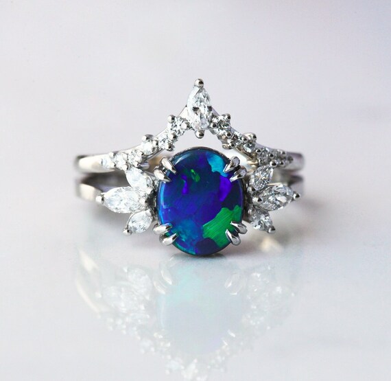 Black Opal Ring, Black Opal Engagement Ring Set, Lightning Ridge