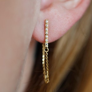 14k Gold Diamond Studs Earrings, Elegant Chain, Classic Earring, Diamond Studs, Delicate Earrings, Diamond Chain Jewelry, Chain Studs