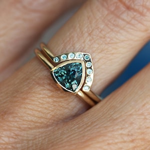 Teal Trillion Sapphire Ring with Blue Diamond Band, Trillion Sapphire Engagement Ring Solitaire with Teal Blue Diamond Ring, Matching Set