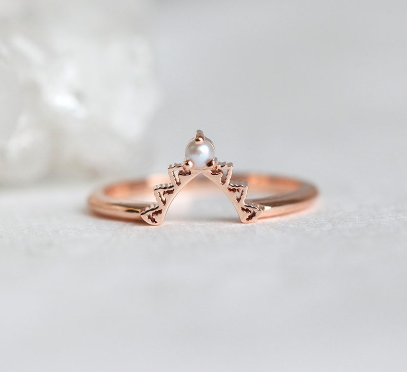 Pearl Wedding Ring, Women's Wedding Band with Tiny Pearl, Lace Ring Rose Gold by Minimalvs image 3