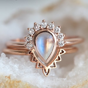 Moonstone Engagement Ring Rose Gold with Pear Moonstone Diamond Ring and stacking lace band, 18k Rose Gold Ring Set by Minimalvs