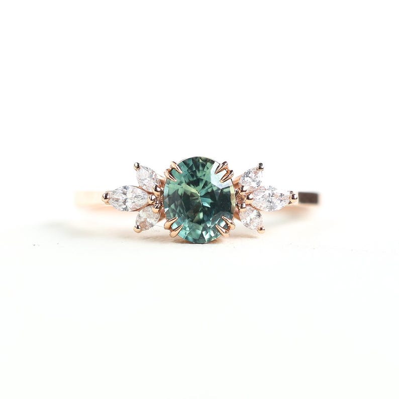Teal Sapphire Ring, Emerald Cut Engagement Ring, Accent Diamond Ring