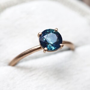 Simple Blue Sapphire Engagement Ring, Sapphire Solitaire Engagement Ring, Four Prong Teal Sapphire Ring with matte band image 3