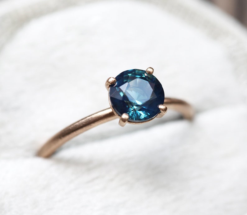 Simple Blue Sapphire Engagement Ring, Sapphire Solitaire Engagement Ring, Four Prong Teal Sapphire Ring with matte band image 3