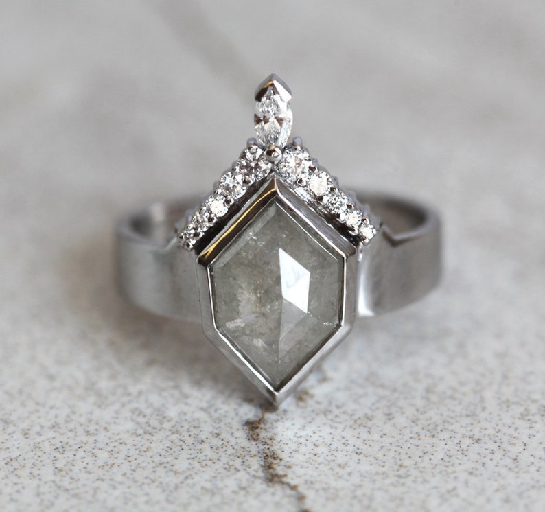 Hexagon Diamond Ring, Unique Diamond Engagement Ring with Geometric Grey Diamond, Solid Gold Diamond Ring with Wide Band image 2