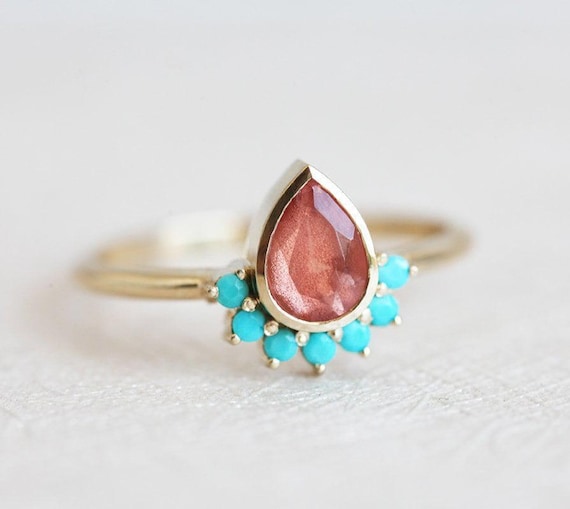 Oregon Sunstone Ring with turquoise, Unique Bohemian Ring with Pear Sunstone, 14k Gold Sunstone Ring