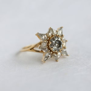 Round Salt and Pepper Diamond Ring, 6.30mm, Rose Cut Kite Side Stones, Unique Engagement Ring, yellow gold ring