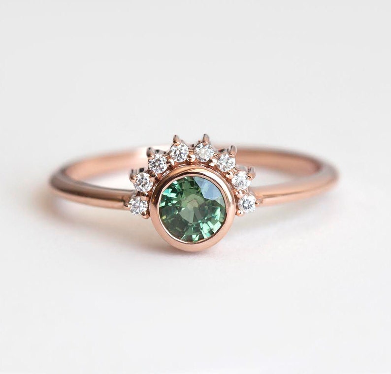 Round Sapphire Engagement Ring Rose Gold, Green Sapphire Diamond Ring, Sapphire Diamond Engagement Ring image 1