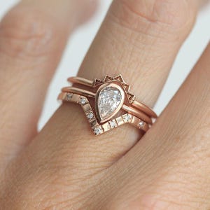 Pear Diamond Ring Set in 14k or 18k Solid Gold, Solitaire with Lace and Curved Matching Band, 0.4 Carat GIA