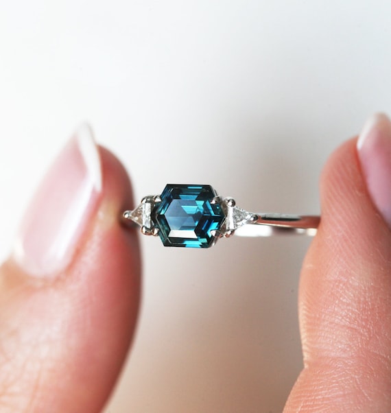Blue Sapphire Diamond Ring Hexagon Engagement Ring Peacock