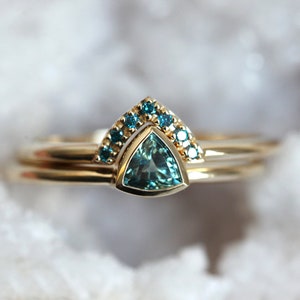 Trillion Teal Sapphire Ring with Matching Blue Diamond Band, Simple Wedding Ring Set