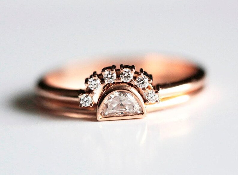 Half Moon Diamond Ring, Rose Gold Diamond Set, Rose Gold Wedding Set, Rose Gold Diamond Ring, Engagement Ring, 14k Rose Gold image 5