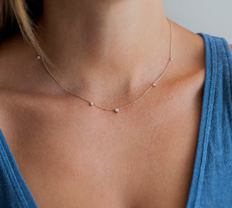 Gold diamond necklace, Station solitaire diamonds necklace, Simple wedding necklace, Dainty necklace image 5