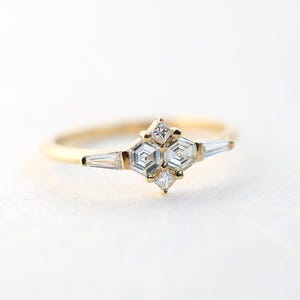 Diamond cluster ring, Hexagon diamond ring with side baguette diamonds image 7