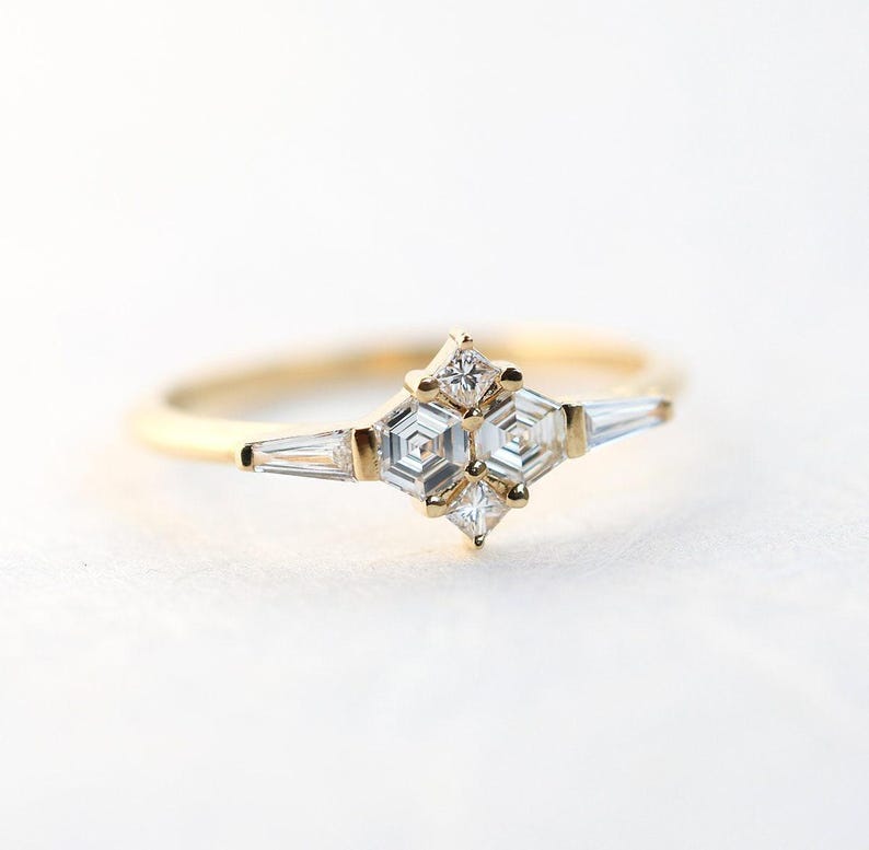 Diamond cluster ring, Hexagon diamond ring with side baguette diamonds image 7