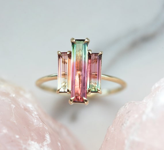 Watermelon Tourmaline Ring, Unique Engagement Ring, Bicolor Art Deco  Baguette Ring - Etsy