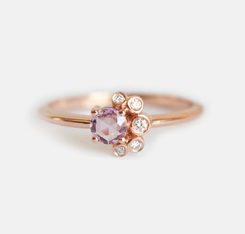Round Pink Sapphire & Diamond Cluster Ring, Rose Cut Purple Sapphire Ring in 14k Solid Gold image 1