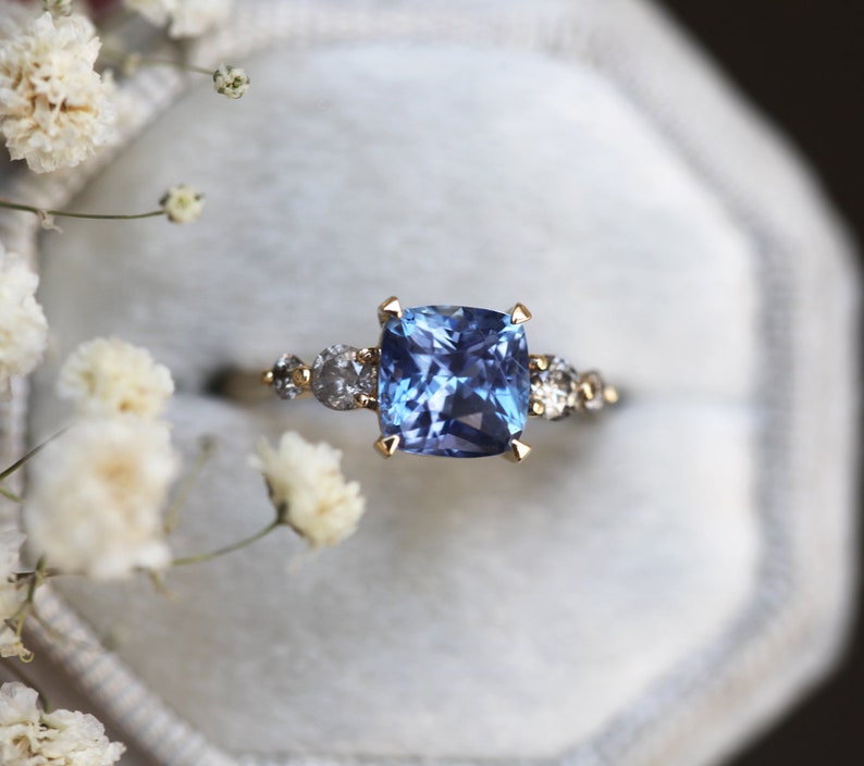 2ct Blue Sapphire Cushion Ring, Sapphire Engagement Ring with Salt Pepper Diamonds, Sapphire Diamond Engagement Ring, Blue Cushion Ring image 3
