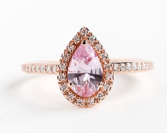 Peach Pear Sapphire Engagement Ring, Pink Pear Sapphire Ring, Halo Diamond Sapphire Ring by Minimalvs