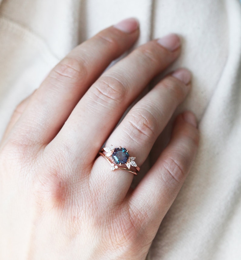 Alexandrite engagement ring set, Hexagon alexandrite w/ side diamonds or moissanites, Unique ring set image 6