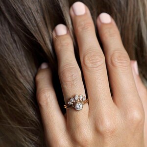 Solitaire Round Diamond ring with Curved Diamond Crown, Pear Diamond Band, Unique Diamond Engagement Set, Wedding Rign Set image 3