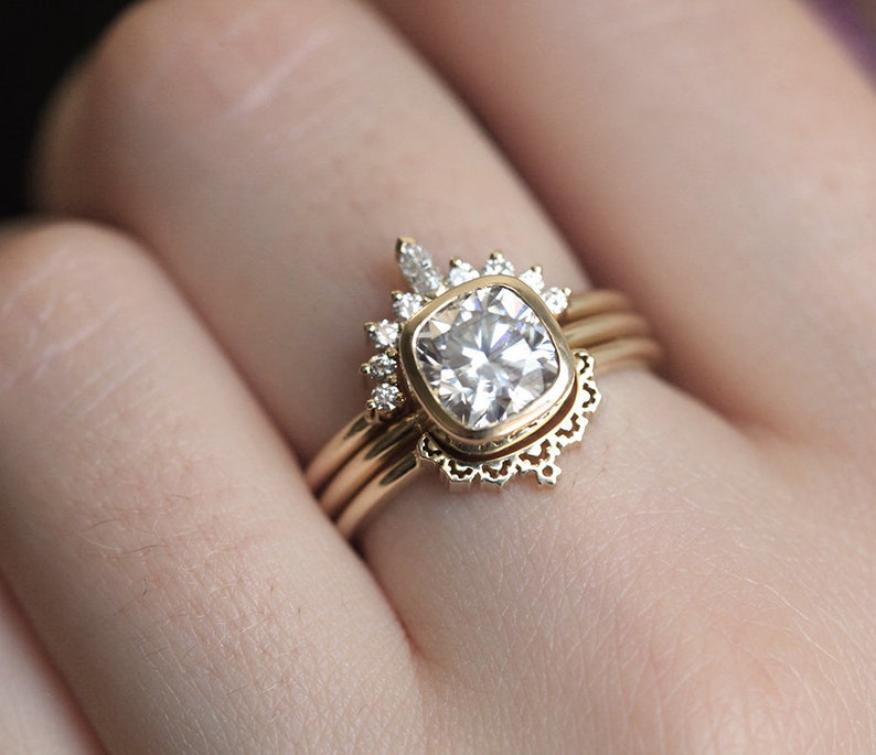 Moissanite Diamond Ring, Cushion Moissanite Engagement Three Ring Set in 14k, 18k Solid Gold or Platinum, MinimalVS image 1