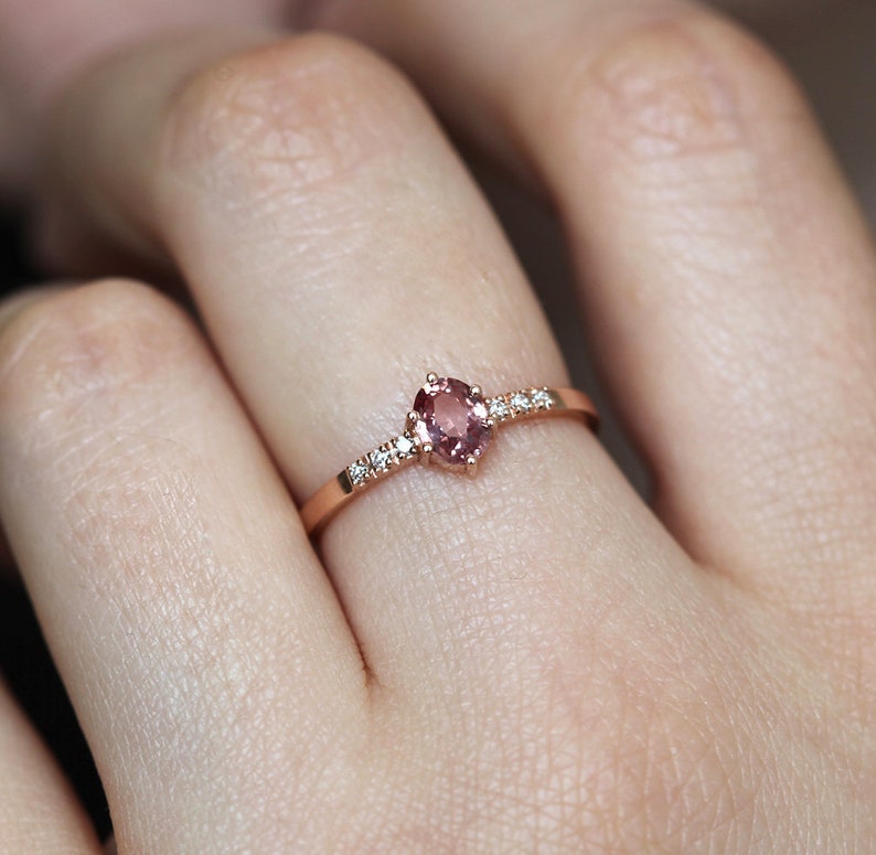 Padparadscha Sapphire Ring Rose Gold, Peach Sapphire Ring With Diamonds, Simple Sapphire Ring image 2