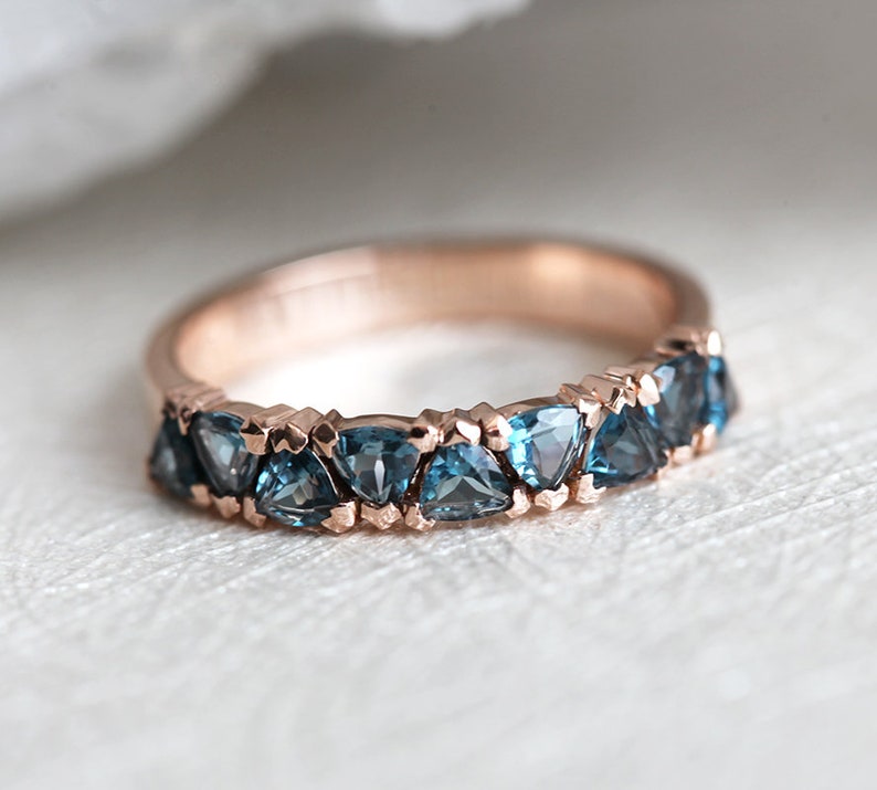 London Blue Topaz Ring, Teal Blue Wedding Band, Rose Gold Wedding Ring with London Blue Topaz, Unique Trillion Wedding Band image 2