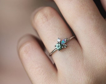 Green Sapphire and Australian Opal cluster Ring