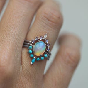 Ocean Ring Set, Engagement Ring Set with Oval Australian Fire Opal, Moonstone, Diamond & Turquoise Curved Band Rings, Bridal or Wedding Set image 9