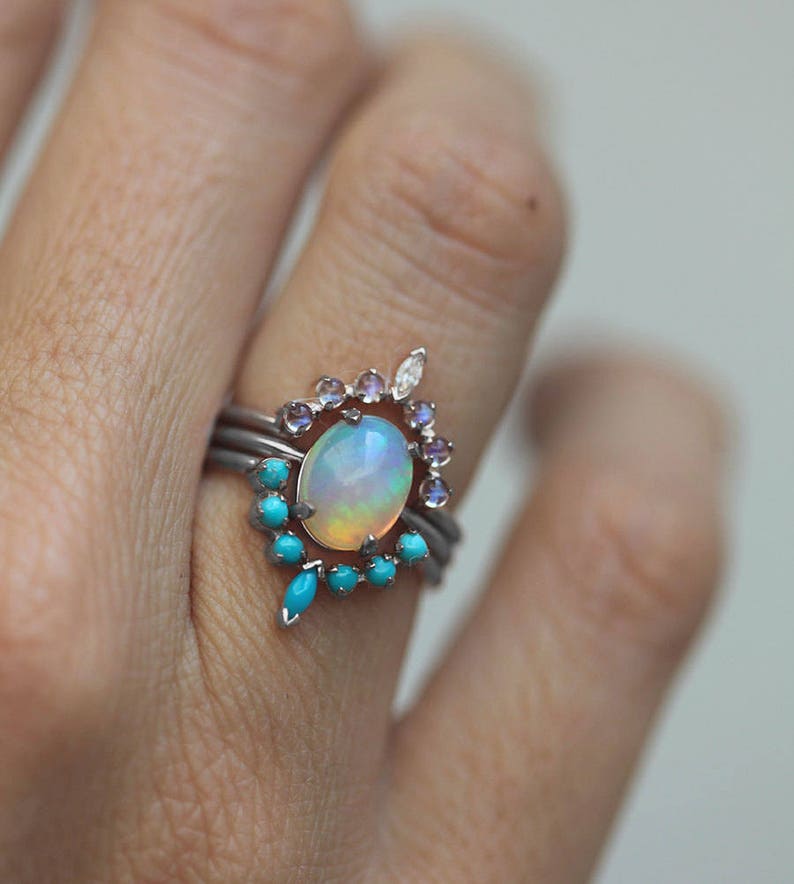 Ocean Ring Set, Engagement Ring Set with Oval Australian Fire Opal, Moonstone, Diamond & Turquoise Curved Band Rings, Bridal or Wedding Set image 9