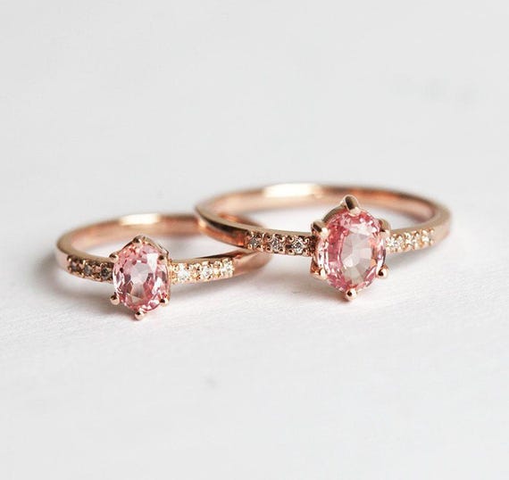 Rose Gold Sapphire Ring, Peach Pink Sapphire Ring, Oval Sapphire Ring, Diamond Sapphire Ring, Sapphire Diamond Band, Minimalvs