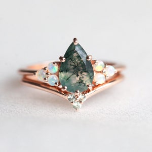 Pear moss agate ring with side Australian opals, Moss agate engagement ring set image 2