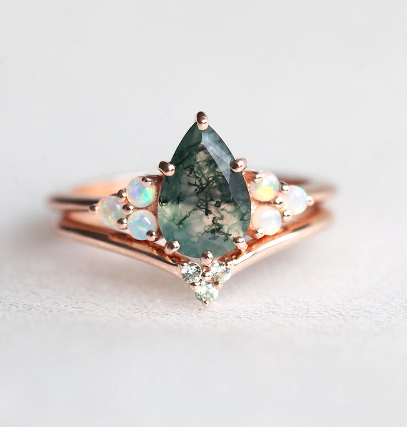 Pear moss agate ring with side Australian opals, Moss agate engagement ring set image 2