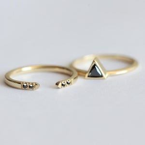 Natural Black Diamond Ring with Black Diamond Wedding Band, Triangle Black Diamond Solitaire with Open Diamond Ring image 2