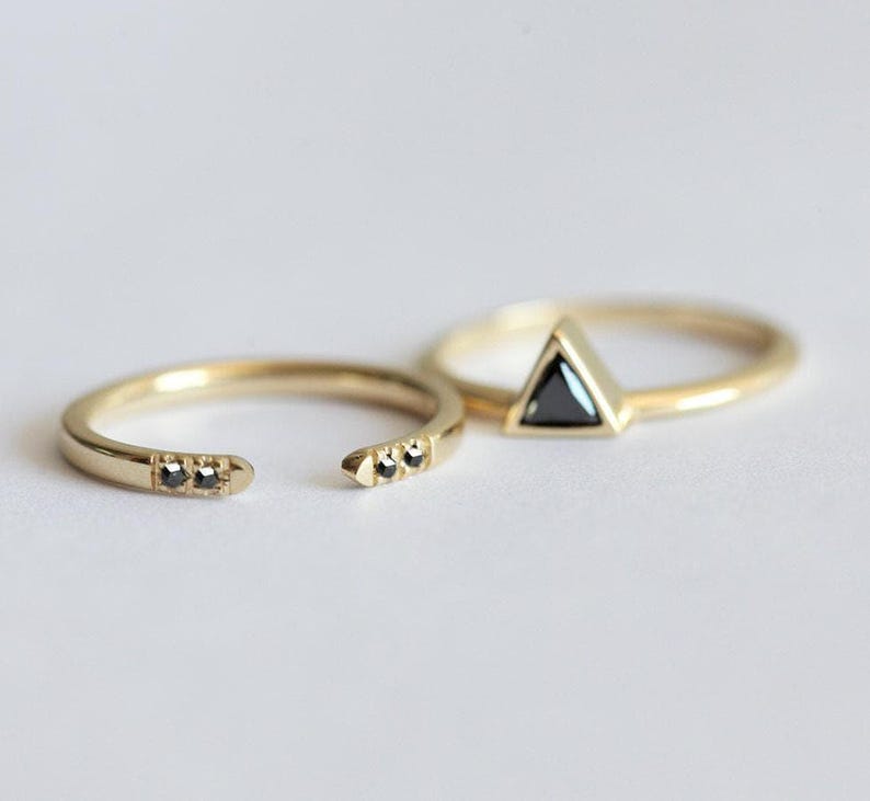 Natural Black Diamond Ring with Black Diamond Wedding Band, Triangle Black Diamond Solitaire with Open Diamond Ring image 2
