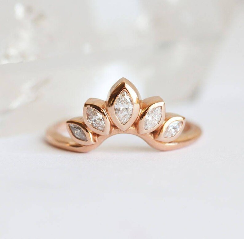 Solitaire Round Diamond ring with Curved Diamond Crown, Pear Diamond Band, Unique Diamond Engagement Set, Wedding Rign Set image 9
