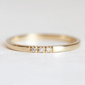 Yellow Gold Diamond Wedding Band, Stacking Three Diamond Ring available in 14k 18k Gold