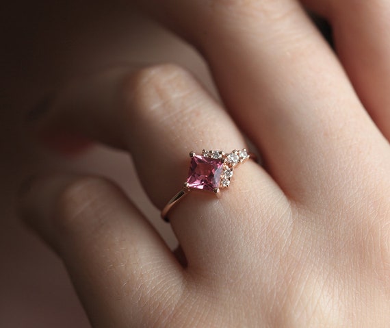 Pink Tourmaline Ring, Rose Gold Tourmaline Ring With Diamonds, Asymmetrical  Cluster Ring, Pink Engagement Ring -  Sweden