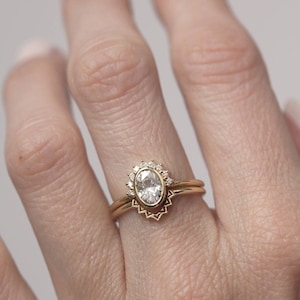 Oval Diamond Ring, Diamond Engagement Ring With Oval Cut Diamond Half Halo and curved gold Lace band image 2