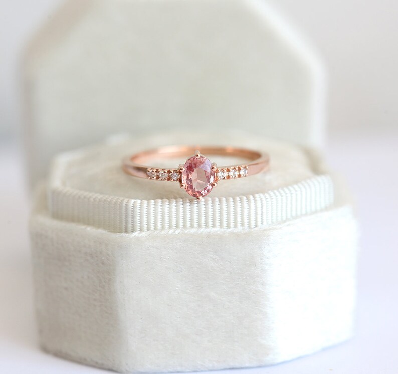 Padparadscha Sapphire Ring Rose Gold, Peach Sapphire Ring With Diamonds, Simple Sapphire Ring image 9