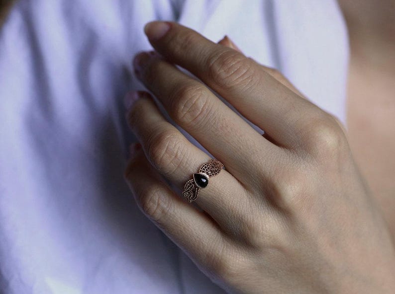 Black Spinel Ring, Gold Filigree Ring, Rose Gold Lace Ring, White Gold Engagement Ring, Non Diamond Ring, Vintage Ring, 14k Rose Gold image 5