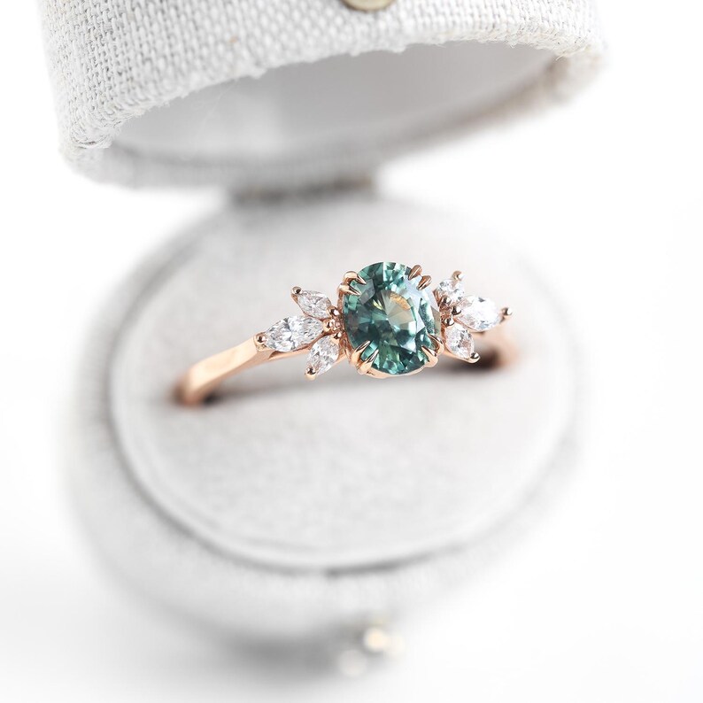 Teal Sapphire Ring, Emerald Cut Engagement Ring, Accent Diamond Ring
