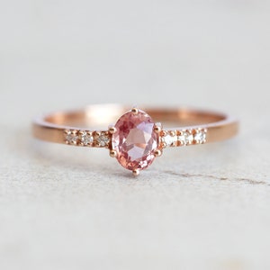Padparadscha Sapphire Ring Rose Gold, Peach Sapphire Ring With Diamonds, Simple Sapphire Ring image 6